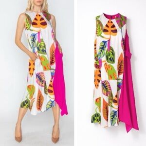 IC Collection Color Block Tropical Leaf Print Midi Dress XL Pockets Swing
